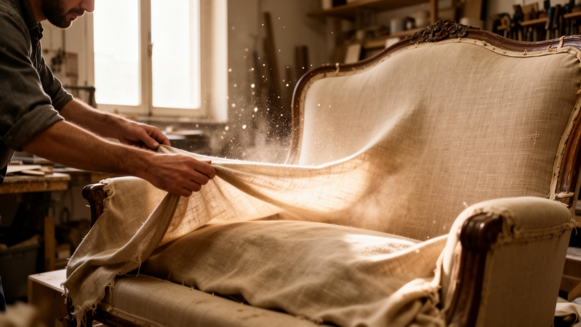 Artigiano tappezziere stende un tessuto in lino su una poltrona vintage nel laboratorio